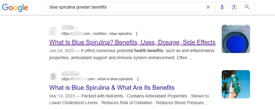 选blue spirulina powder benefits 介绍这款商品的文章页面来作为SEO landing page